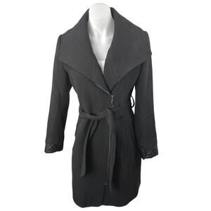 ASM Asmanto Black Zip Up Long Sleeve Wide Collar Belted Trench Coat Jacket Sz 8